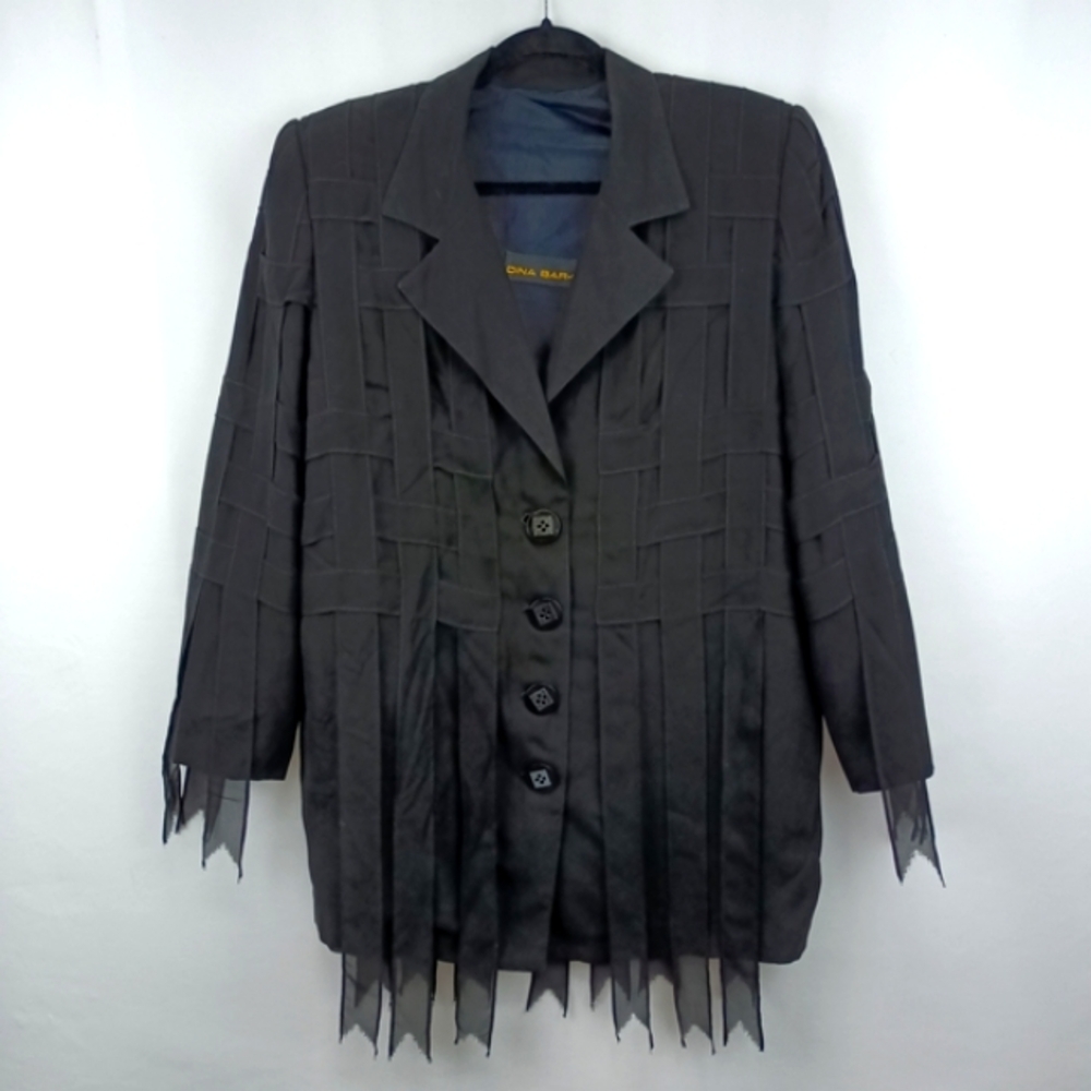 Dina Bar-El Unique Designer Black Blazer with Notched Lapel And Chiffon Fringe